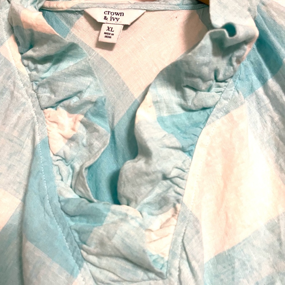 Crown & Ivy Aqua and White Sleeveless Ruffle Neck Linen Blouse XL - Picture 4 of 5